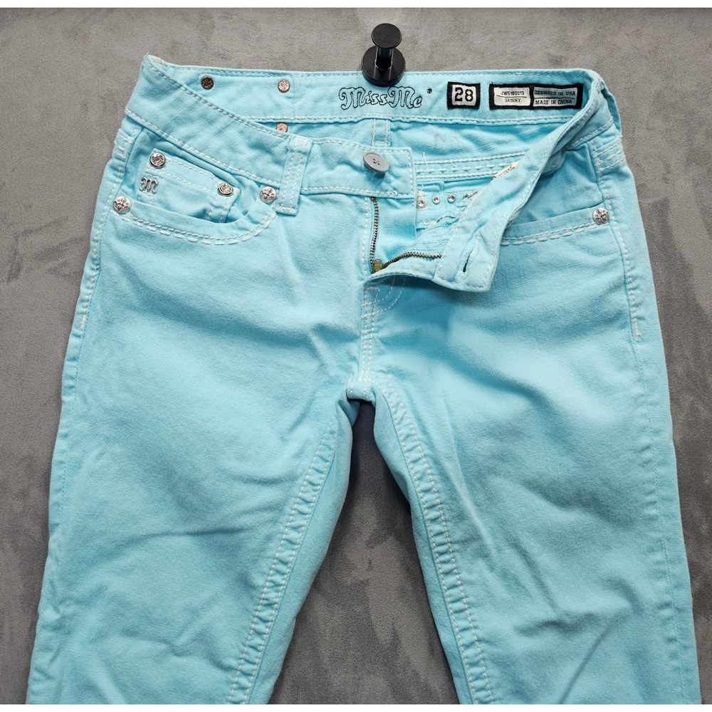 Miss Me Aqua Skinny Jeans Rhinestone Flap Pocket Thick Stitch Size 28 JW5180S13